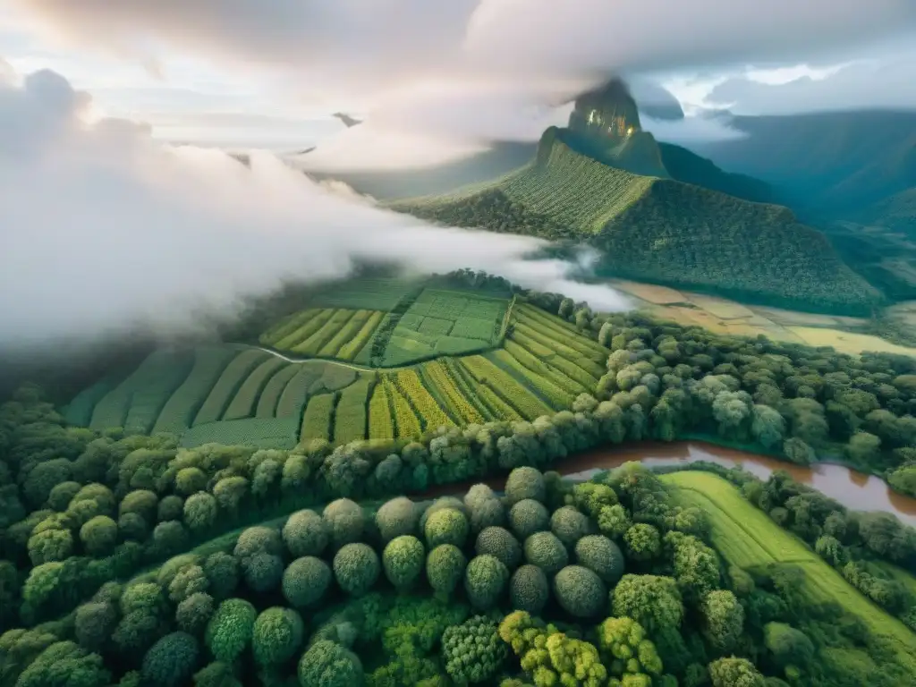Vista aérea de territorio indígena con ríos, bosques y comunidades, resaltando la conexión con la tierra