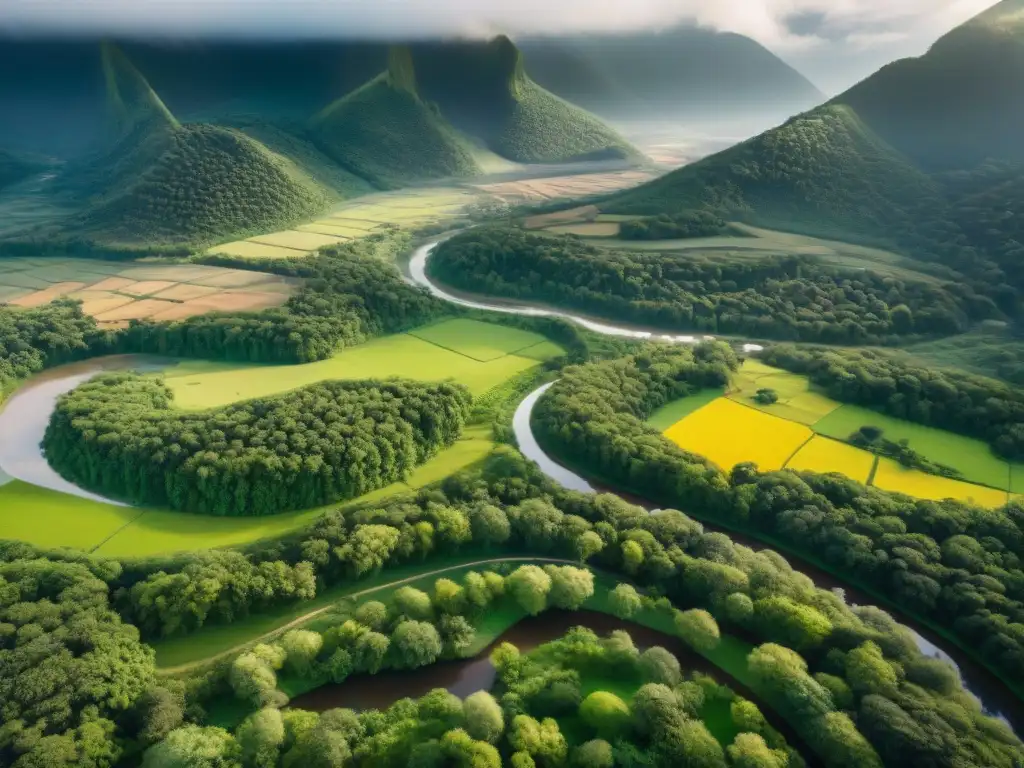Vista aérea de territorio indígena con drones: paisaje verde, asentamientos y ríos serpenteantes en armonía con la naturaleza