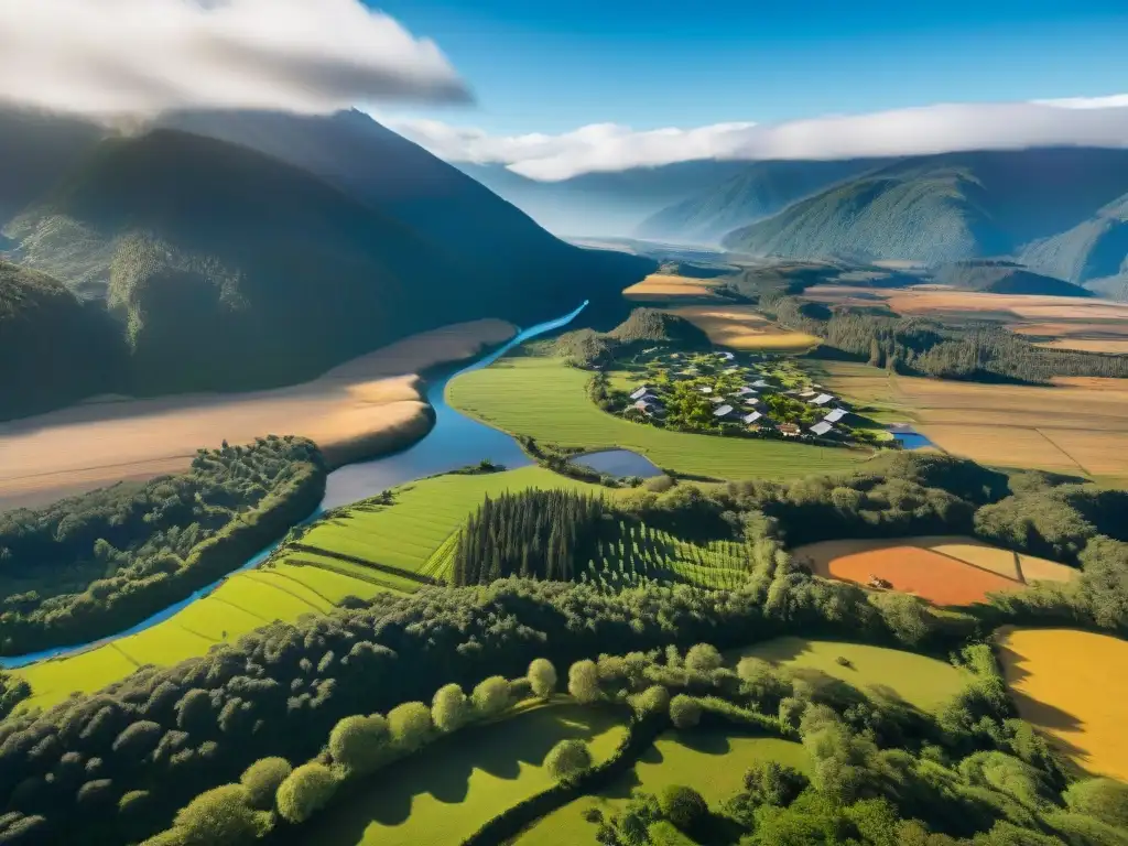 Vista aérea del territorio Mapuche en Chile: bosques verdes, ríos sinuosos, montañas nevadas y comunidad local