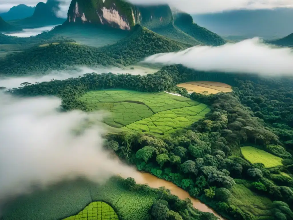 Vista aérea de tierras verdes y ríos en territorio Guarani-Kaiowá en Brasil, mostrando la belleza natural y conflictos por tierras sagradas en América