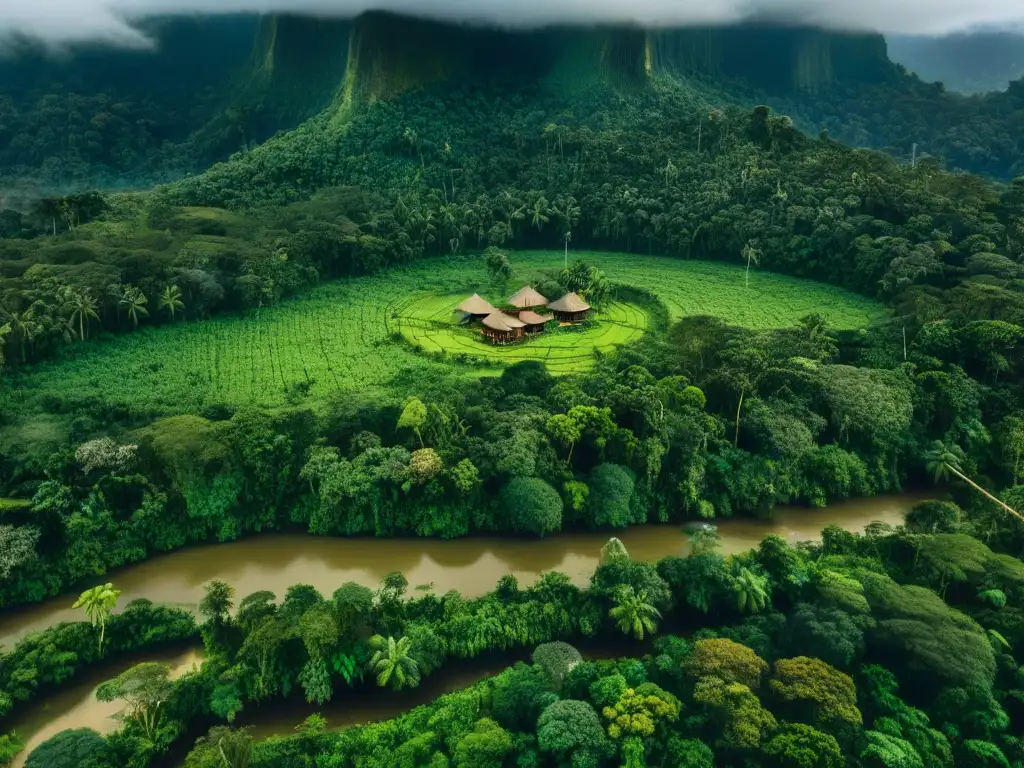 Vista aérea de tribu indígena en la Amazonía, mostrando su legado territorial en armonía con la naturaleza