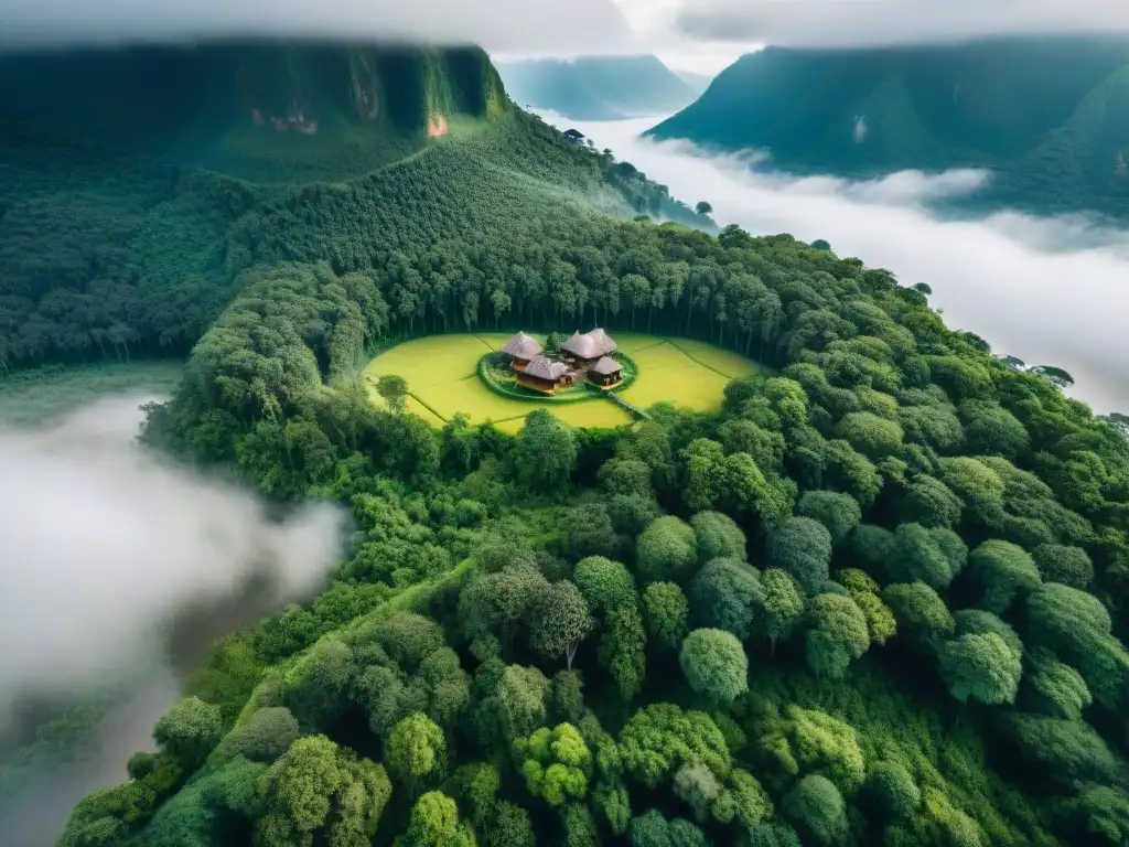 Vista aérea de bosque verde con rio y comunidad indígena, destacando el Reconocimiento territorial indígena con drones