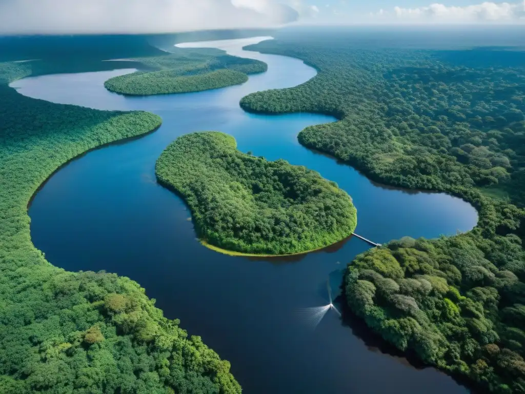 Vista detallada de la Amazonía con comunidades indígenas y energías renovables protegiendo el medio ambiente