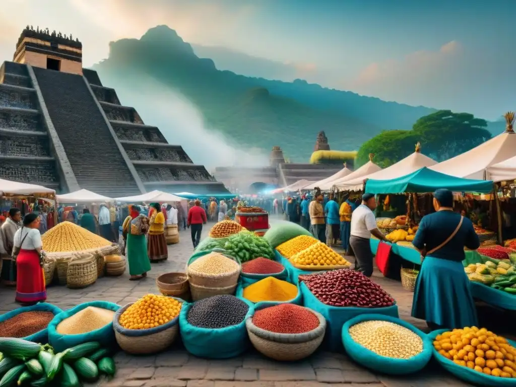 Vista detallada de un bullicioso mercado azteca con alimentos fundamentales, reflejando la vibrante cultura culinaria de los aztecas