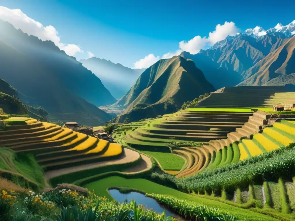 Vista detallada de campos de agricultura incaica en los Andes, destacando terrazas, cultivos como maíz y quinua, y labradores