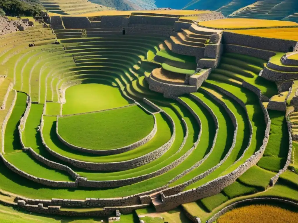 Vista detallada de los impresionantes andenes circulares incas de Moray en Perú, destacando el urbanismo sustentable indígena Américas