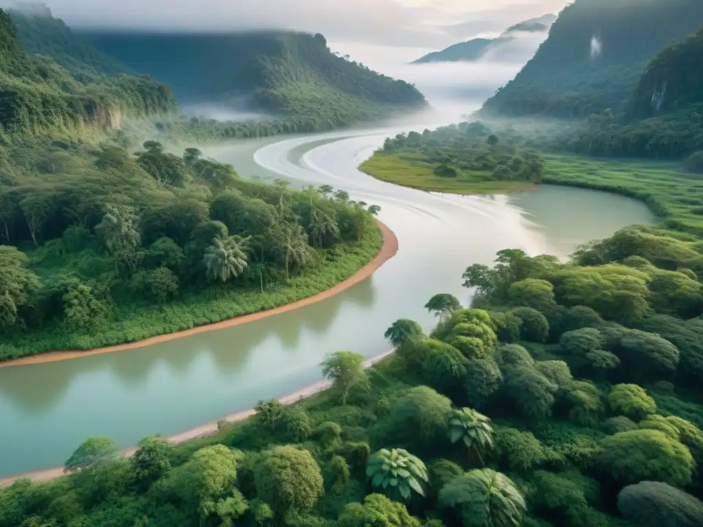 Vista detallada de río sereno en bosque con comunidad indígena y potencial impacto de hidroeléctricas en comunidades