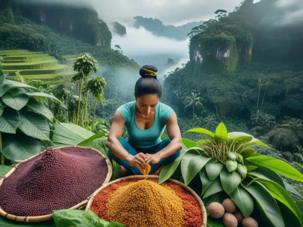 Vista detallada de la selva amazónica con indígenas recolectando superalimentos coloridos como bayas de açaí y quinua