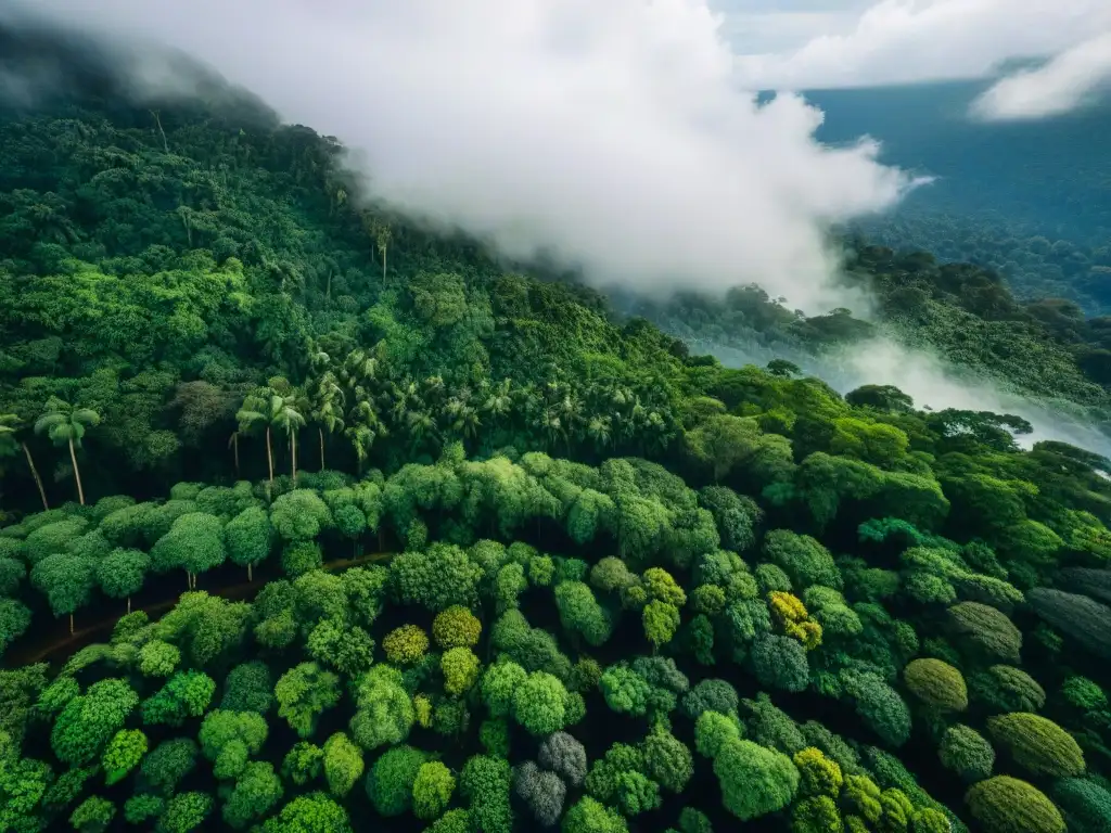 Vista detallada de la biodiversidad en la selva amazónica con comunidad indígena en ritual