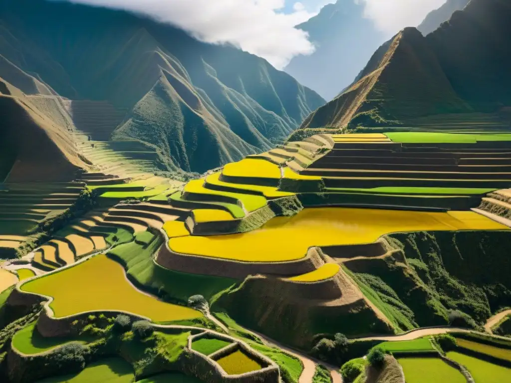 Vista detallada de las terrazas agrícolas incas en los Andes