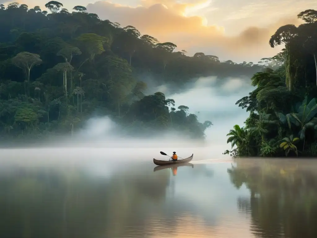 Una vista increíble de un amanecer sereno en la selva amazónica, con una aldea indígena distante