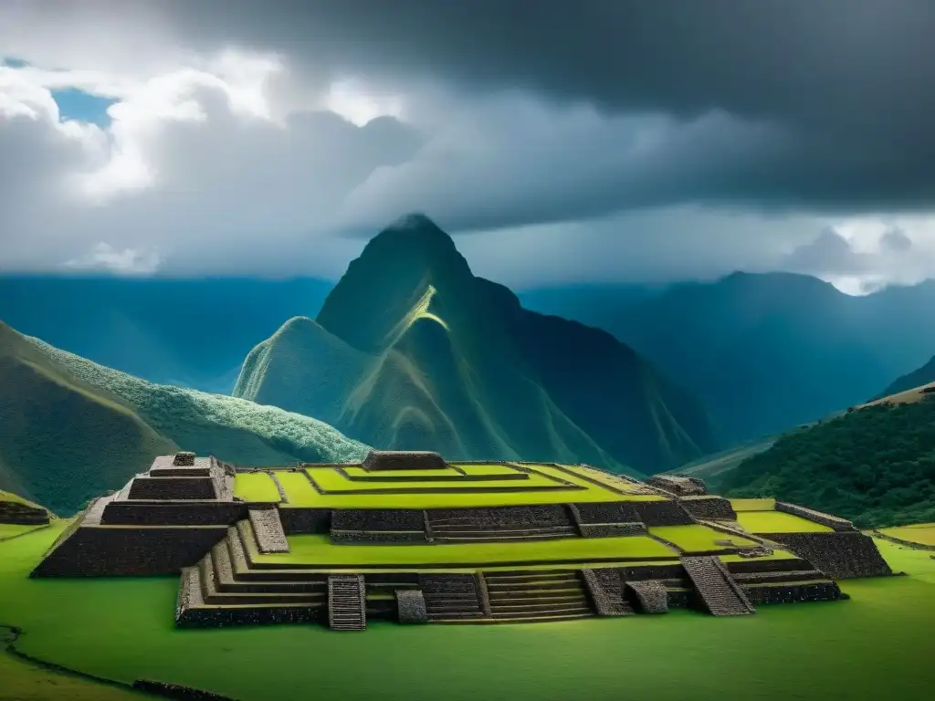 Vista panorámica de Chavín de Huántar con esculturas monolíticas y cielo nublado dramático