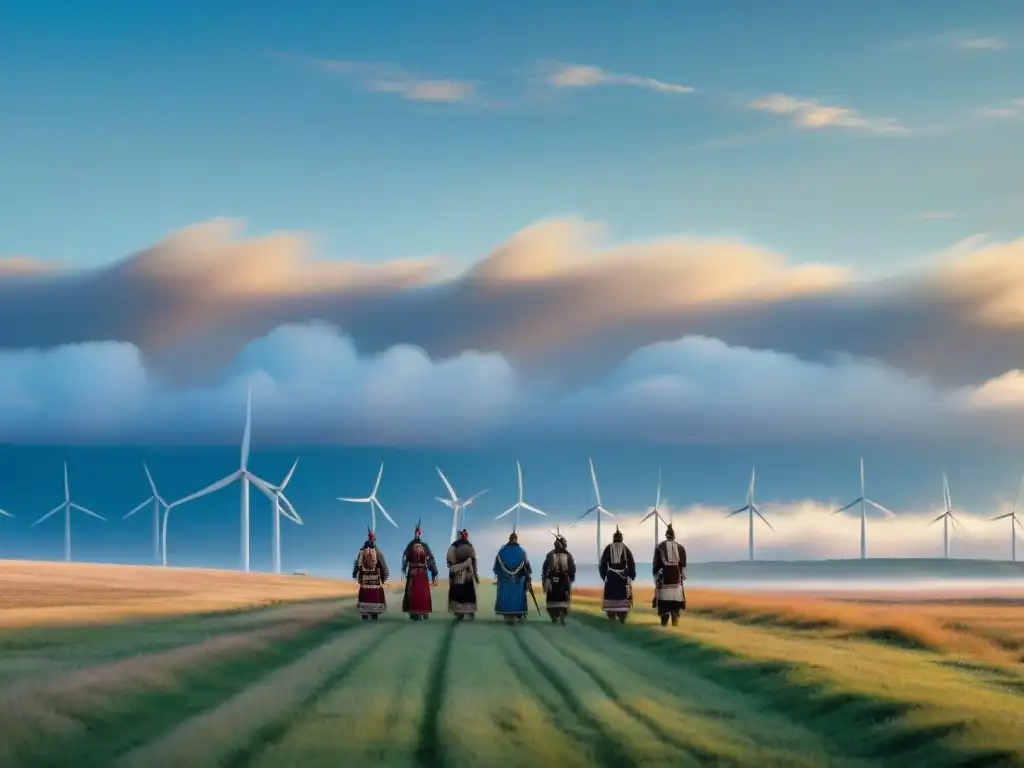 Vista panorámica de un vasto parque eólico en las Grandes Llanuras, donde tribus Sioux observan orgullosas la energía sostenible