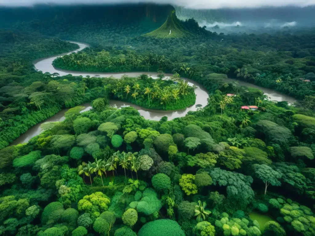 Una vista aérea vibrante de una aldea amazónica, con casas conectadas y naturaleza exuberante