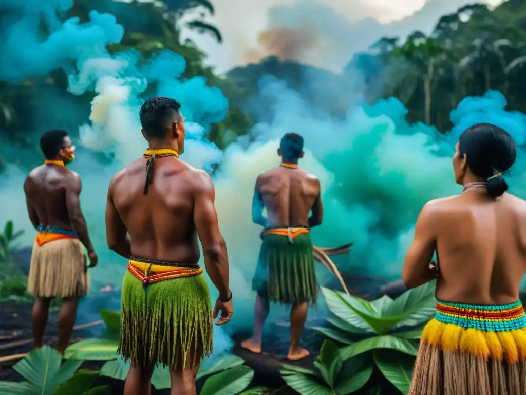 Vívida ceremonia de comunidades indígenas en el Amazonas, en medio de la exuberante selva y la espiritualidad ancestral