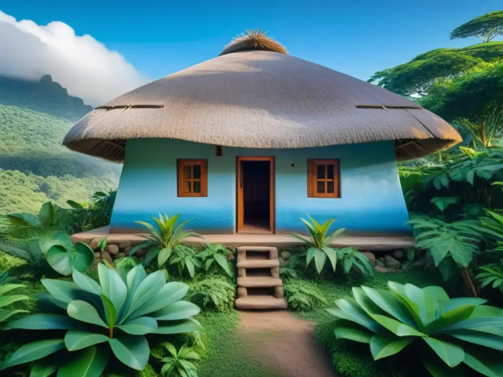 Una vivienda indígena tradicional con techos de paja y paredes de barro, rodeada de exuberante vegetación y cielo azul