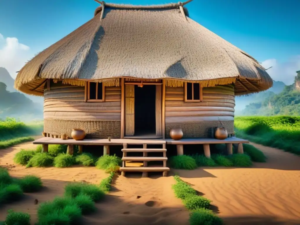 Vivienda de paja y barro iluminada por el sol, rodeada de naturaleza exuberante