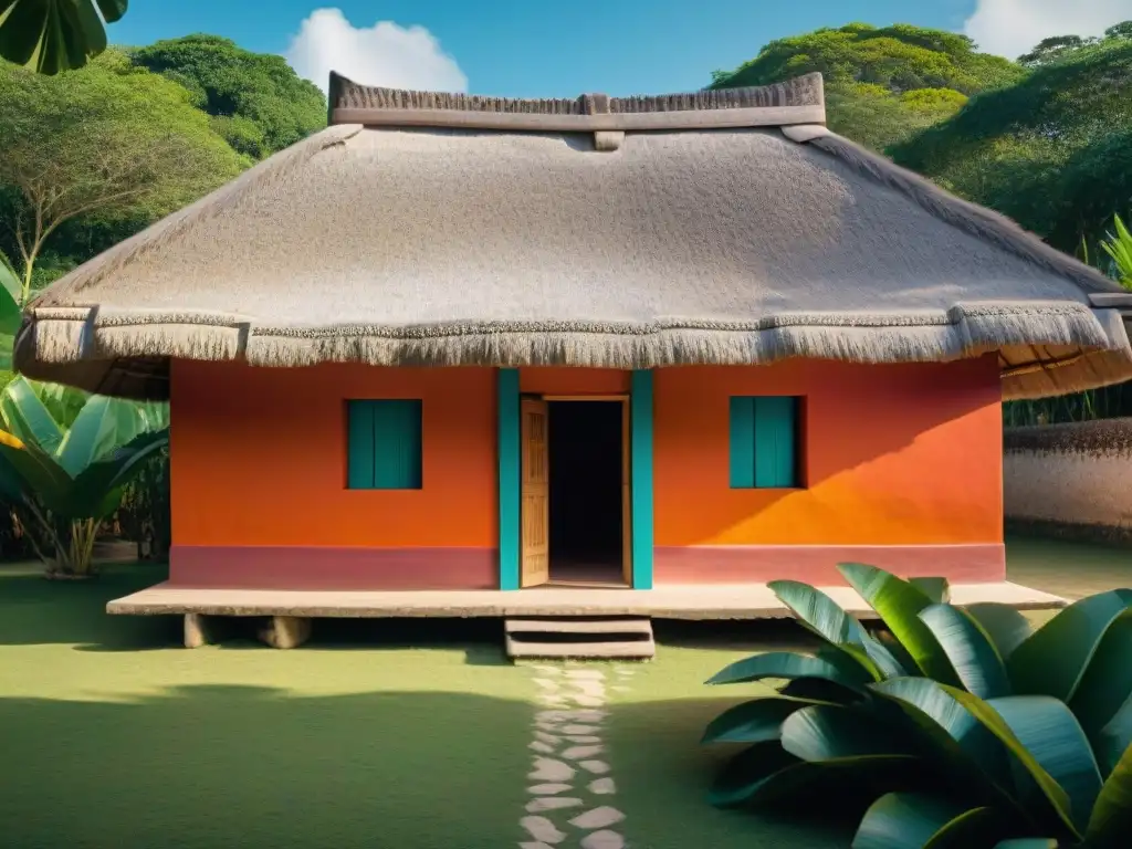 Vivienda tradicional maya en la exuberante vegetación de la Península de Yucatán, con detalles geométricos coloridos y familia maya