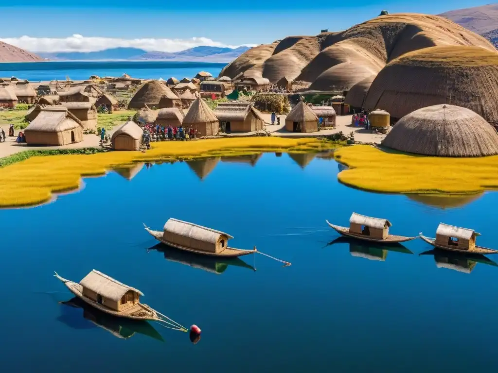 Viviendas flotantes Uros Titicaca sostenibilidad: Vista aérea detallada de las islas flotantes Uros con coloridas embarcaciones y actividades cotidianas