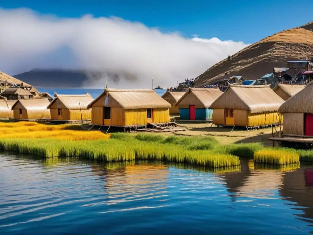 Viviendas flotantes Uros Titicaca sostenibilidad: Pintoresco pueblo flotante en el lago con botes y casas de totora tejida, rodeado de belleza andina