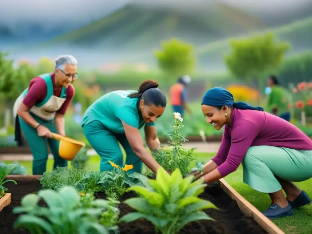 Voluntariado de diversas culturas trabajando juntas en un jardín comunitario, promoviendo la unión y el intercambio cultural