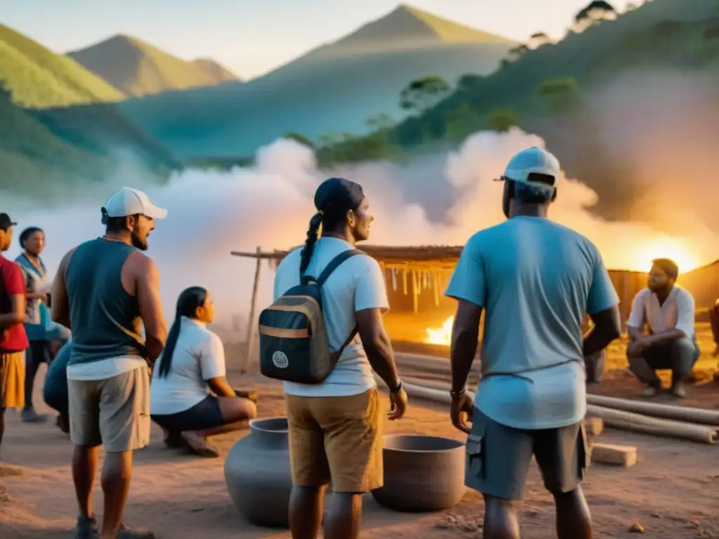 Voluntariado construyendo viviendas con culturas indígenas al atardecer