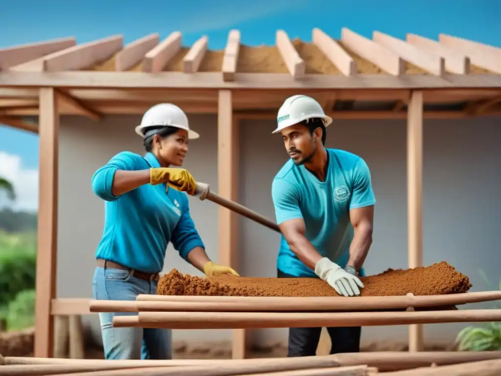 Voluntarios construyendo casas sostenibles con métodos tradicionales, uniendo culturas indígenas