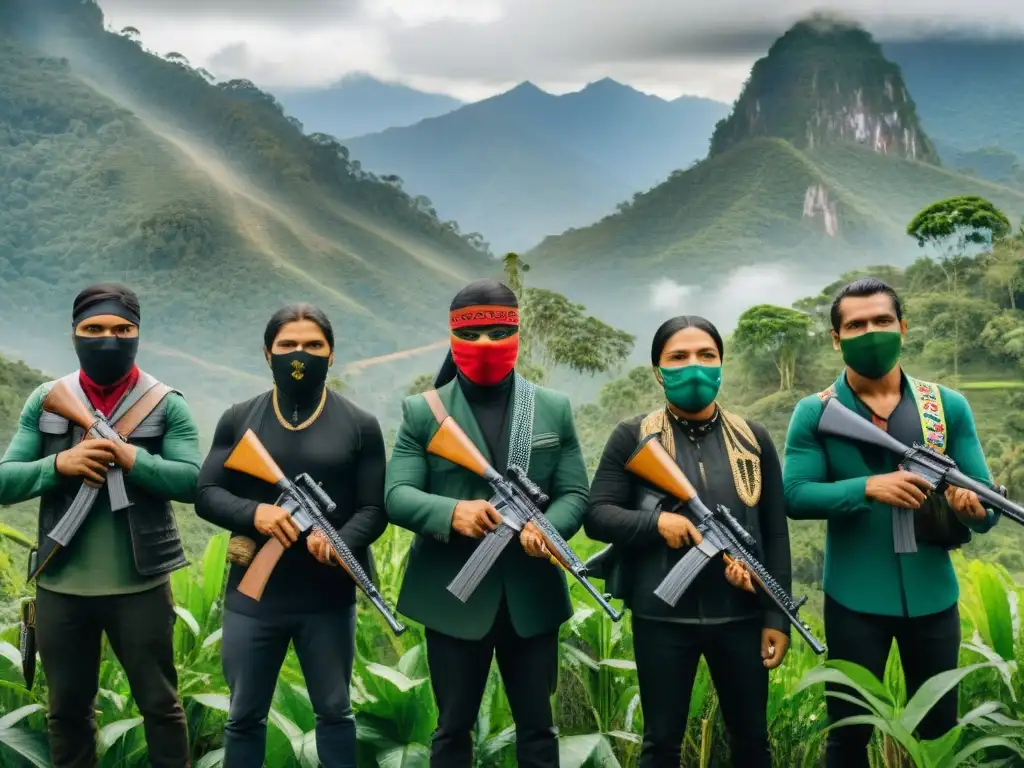 Revolución Zapatista: Grupo de rebeldes indígenas en la selva de Chiapas, con máscaras y uniformes militares, expresando determinación y resistencia