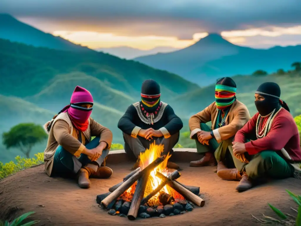 Revolución Zapatista: rebeldes indígenas reunidos alrededor de una fogata en Chiapas, México, bajo un cielo estrellado